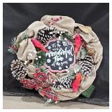 Holiday Wreath with Burlap, Cardinals, Pinecones