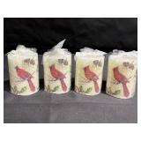 4 snowy cardinal decor candles, 3in D x 4in H, new