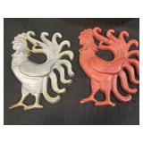 Cast iron rooster decorative piece silver and red