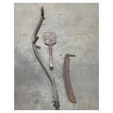 Sythe and wood handled shovel