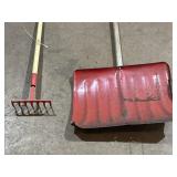 small gardening rake & metal snow shovel