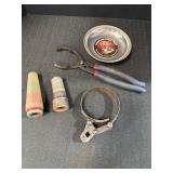 Oil filter wrench & pliers, spark plug cleaners, &