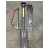 Shovel, bow saw, and hand saw
