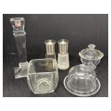 5 clear glass items - candlestick holder (possibly