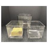 3 square clear glass vases.  Largest - 8in square,