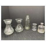 5 clear glass vases/bottles - 2 Hyacinth bulb