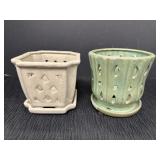 2 glazed orchid pots w/attached saucers &