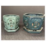 2 hexagonal glazed orchid pots w/