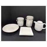 Variety of white ceramic pieces - 2 canisters,