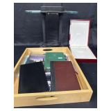 Desk light, journals, jewelry box