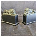 Pair of Bronze Lion Bookend w/ Wooden Base