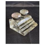 Vintage cut glass brass banded double inkwell,