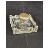 Cut glass inkwell with hinged metal top, possibly