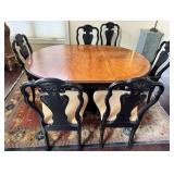 Black base Pedestal Dining Table, Pecan Top
