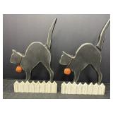 (2) Wooden Black Cat on Fence Halloween