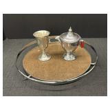 14" sliver plated tray, water goblet, & creamer