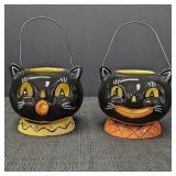 (2) Ceramic Blk Cat Lite Up Candle Holders w/