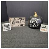 (3) Halloween Signs & Black/Gold Pumpkin Decor