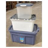 3 plastic totes.  Largest is Rubbermaid 31 gal.