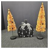 (2) Orange Bottle Brush Trees & Wooden Pumpkin
