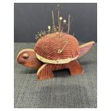 Vtg wooden turtle sewing pin-cushion, 7 x 4 x 3in