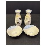 2 small Japanese bowls & 2 porcelain Sake jars.