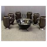 Black footed bowl & 6 black ceramic Irish coffee
