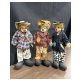 3 Vtg porcelain face hobo clowns, 15in., weighted