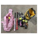Softball Bats, Balls, Mask, Gloves, & Bags