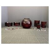 6 ruby red glass items - 6in ball vase & 5 various