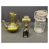 4 misc small jars/bottles.  Jar w/wire bail is