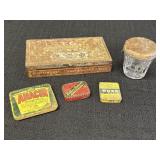 Vtg tins & glass jelly jar.  Largest is 6 x 3 x