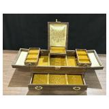 Vtg trifold jewelry box & drawer, 14 x 8 x 5.5in H