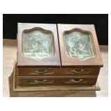 Vtg wood jewelry box, etched glass top doors w/