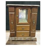 Wood jewelry armoire chest with etched window,
