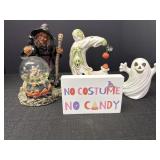 Witch snow globe, ceramic ghosts & wood sign