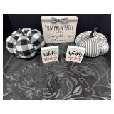 Skull table runner, wood decor & fabric pumpkins