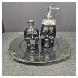 Blk Glass Skelton Soap Dispenser, Bottle, & Blk