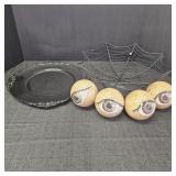 Metal Spiderweb Bowl, Blk Glitter Plate, & (4)