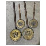 4 vtg brass bed warmers wall hangers