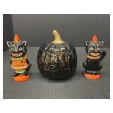 Black Ceramic Pumpkin & 2 Black Ceramic Cats