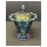 Vtg blue iridescent carnival glass compote w/lid.