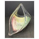 Hand blown glass basket bowl, pink, green &