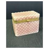 Pink opaline diamond cut glass box w/brass,