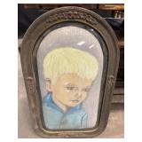 Antique Frame w/ bubble glass & boy painting