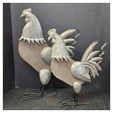 (2) Wooden & Metal Rooster Decorative Sculptures