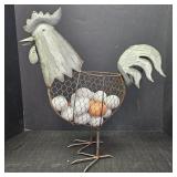 Metal Rooster Decor w/ Wire Storage Basket