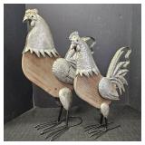 (2) Metal & Wooden Rooster Decorative Sculptures