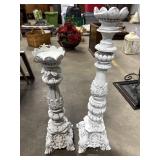2 white distressed wood carved candle holders,