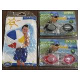 New in package beach ball & 2 pair of goggles